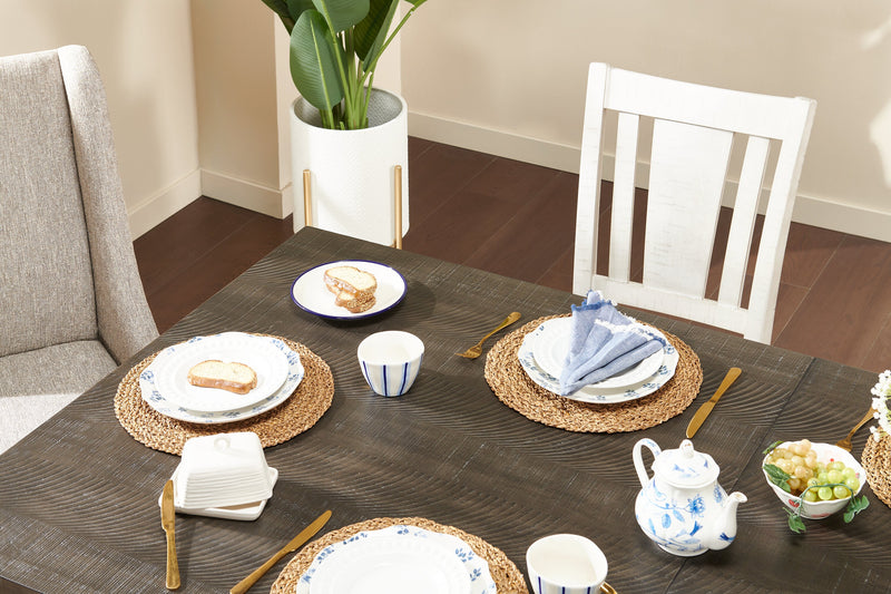 Willow Dining Table with Trestle Base, 84-106\"W Extension - Rustic White & Brown