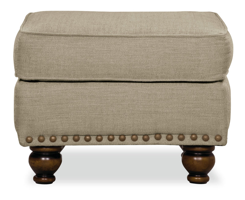 Made in Canada Wynn 24\" Chenille Fabric Ottoman with Nailhead Trim and Wood Bun Legs - Linen Beige