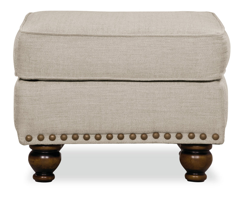 Made in Canada Wynn 24\" Chenille Fabric Ottoman with Nailhead Trim and Wood Bun Legs - Grey