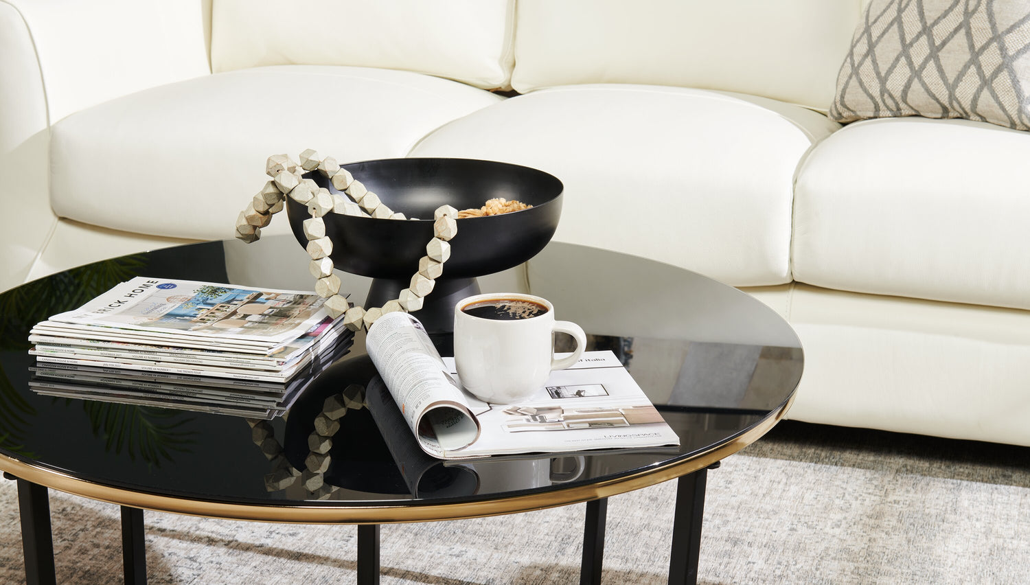 Xander 36 Modern Round Glass Top Coffee Table Black and Gold with Metal Legs