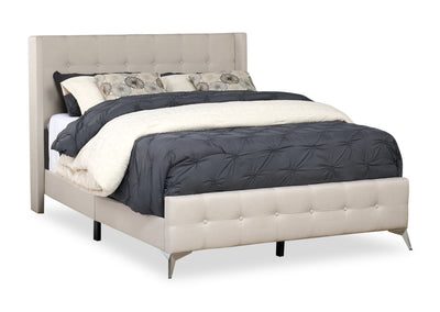Zara Upholstered Bed in Beige Linen-Look Fabric - Button Tufted - Queen Size | Lit rembourré Zara en tissu d’apparence lin beige avec capitonnage à boutons - format grand lit