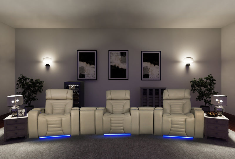 Zen 5-Piece Leather-Look Fabric Home Theatre Power Reclining Sectional with Massage and Two Storage Consoles - Apricot