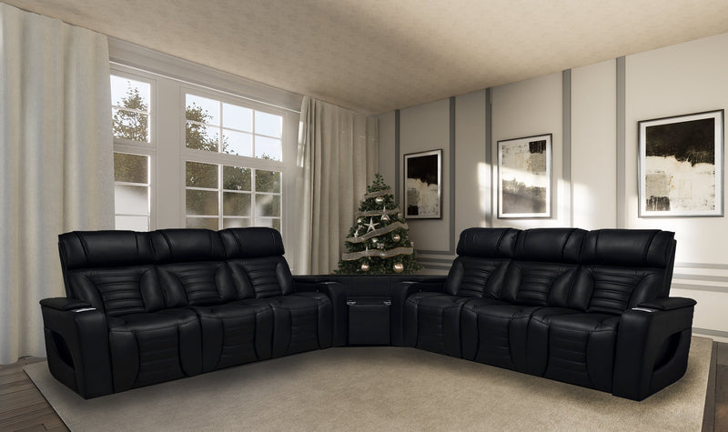 Zen 3-Piece Faux Leather Power Reclining Sectional with Massage and Two Drop-Down Consoles - Black