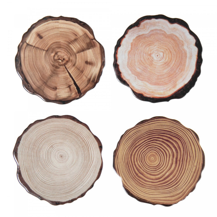 4 Pc Round Ceramic Coasters Wood Log