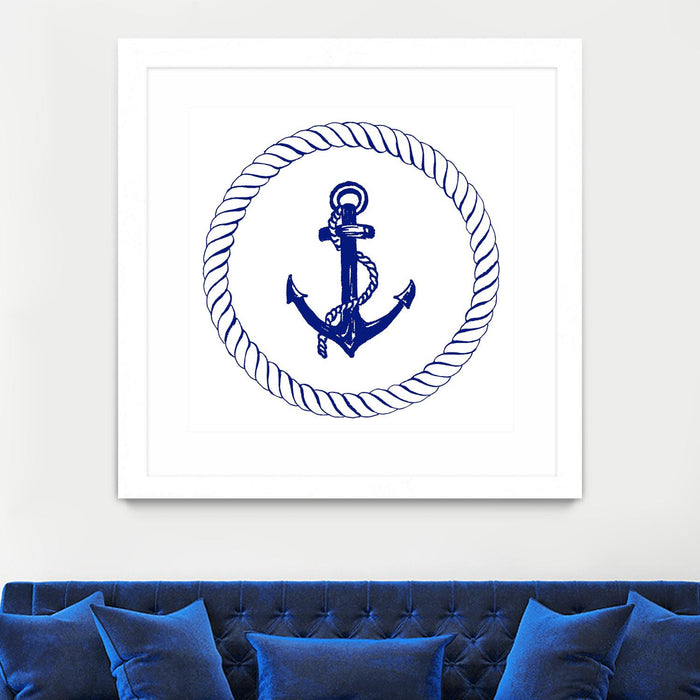 \"Blue Nautical Circle I\" Matted and Framed White 30x30 Wall Art