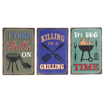 Metal Embossed Wall Sign BBQ Time - Set of 3 Wall Decor|Panneau mural « BBQ Time » en métal embossé - ensemble de 3 décorations murales