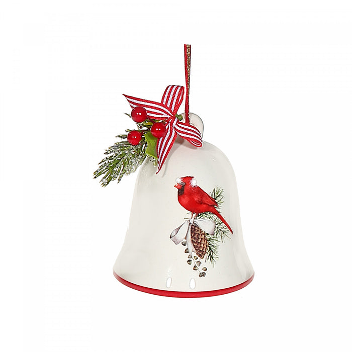 Ceramic Bell with Ribbon Ornament Cardinal on Pinecone - Set of 4 Christmas Ornaments