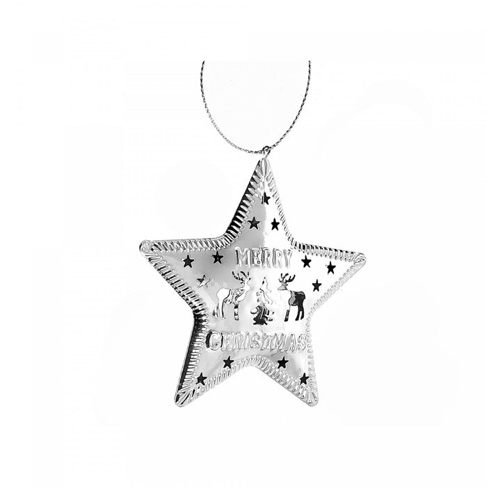 Silver Metal Ornament Star - Merry Christmas - Set of 6