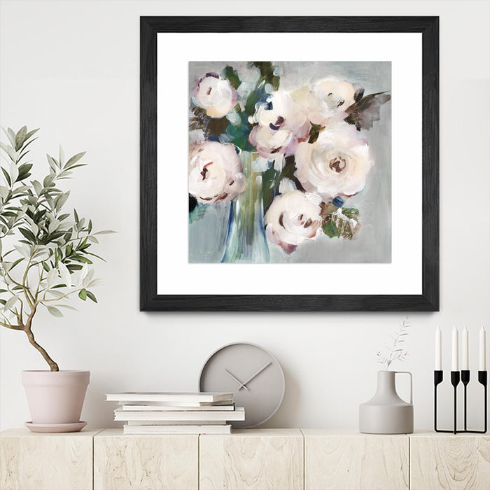 \"Pale Pink Bouquet I\" Matted and Framed Black 30x30 Wall Art