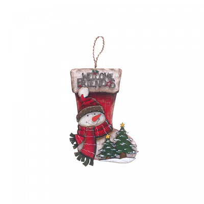 Wooden 'Welcome Friends' Snowman Stocking Wall Hanging|Décoration murale en forme de bas de Noël « Welcome Friends » en bois avec bonhomme de neige