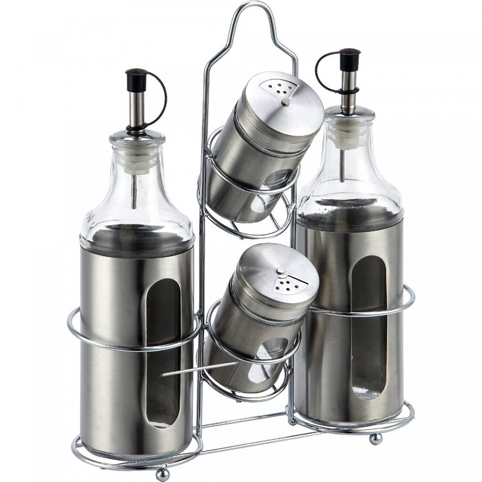 Twin Sauce Jars with Salt and Pepper Shaker on Stand