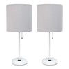 Limelights White Stick Lamp with Charging Outlet And Fabric Shade 2 Pack Set, Gray Lamp Set