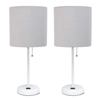 Limelights White Stick Lamp with Charging Outlet And Fabric Shade 2 Pack Set, Gray Lamp Set