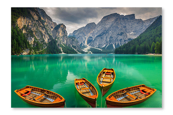 Beautiful Mountain Lake with Wooden Boats in Dolomites, Italy 16x24 Wall Art Fabric Panel Without Frame