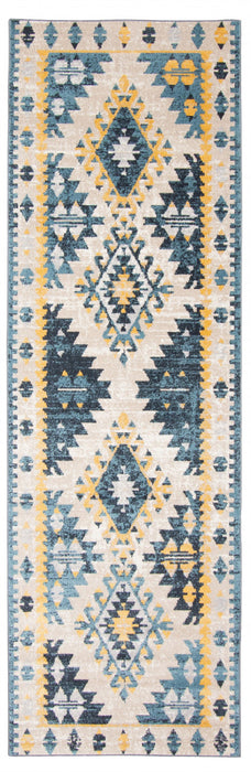 Mosaic Taupe/Blue Machine Washable Area Rug - 2'6\" x 8'0\"