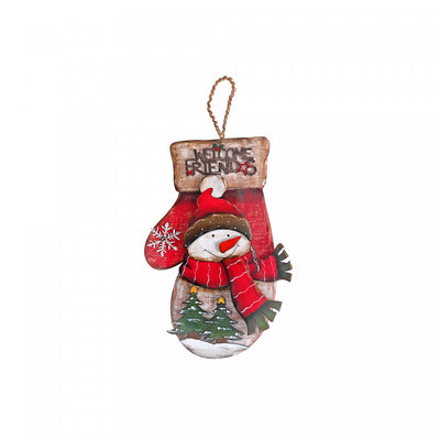Wooden 'Welcome Friends' Snowman Mitt Wall Hanging|Décoration murale en forme de mitaine de Noël « Welcome Friends » en bois avec bonhomme de neige
