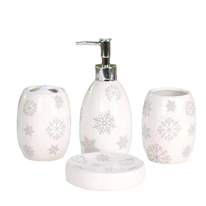 4pc Ceramic Bathroom Set Snowflake on White Bath Accessories