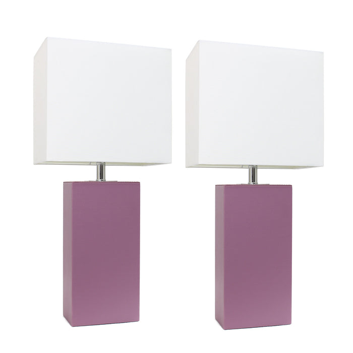 Elegant Designs 2 Pack Modern Leather Table Lamps with White Fabric Shades, Purple Lamp Set