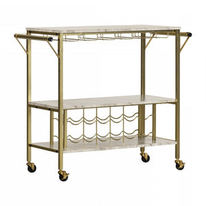 Maliza Bar Cart With Wine Bottle Storage And Wine Glass Rack - Faux Carrara Marble And Gold