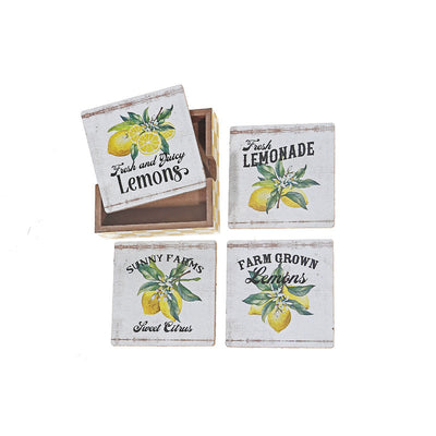 Set of 4 Wooden Coaster with Holder Lemon|Ensemble de 4 sous-verre en bois orné d’images de citrons avec boîtier