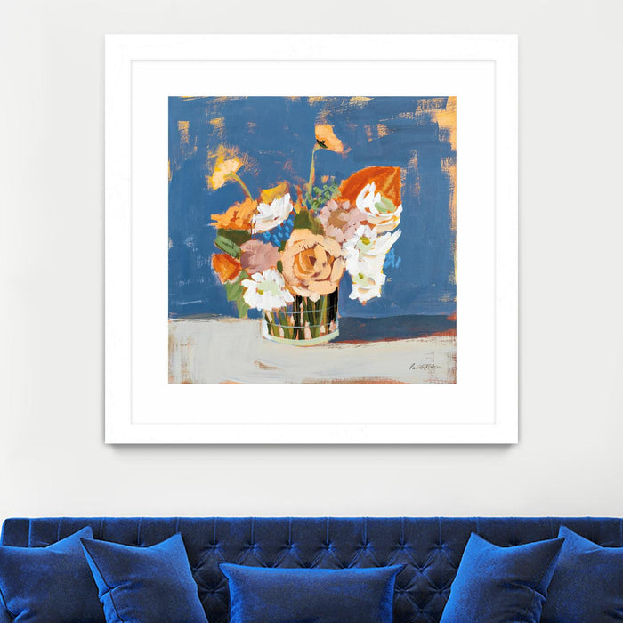 \"Peach And White Bouquet\" Matted and Framed White 36x36 Wall Art