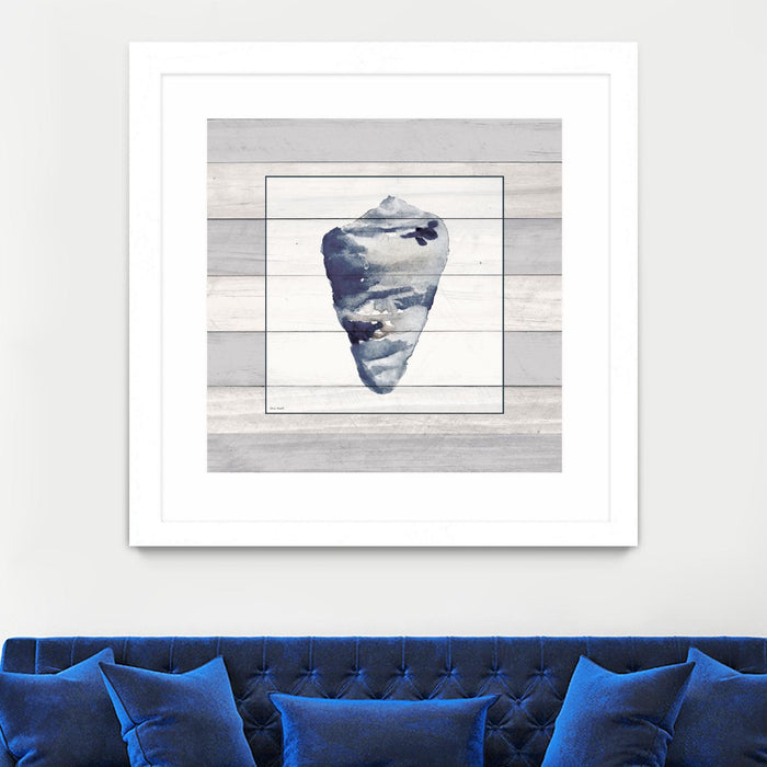 \"Muted Blue Shell On Wood\" Matted and Framed White 30x30 Wall Art