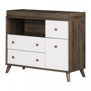 Yodi Wide Changing Table With Drawers - Natural Walnut and White