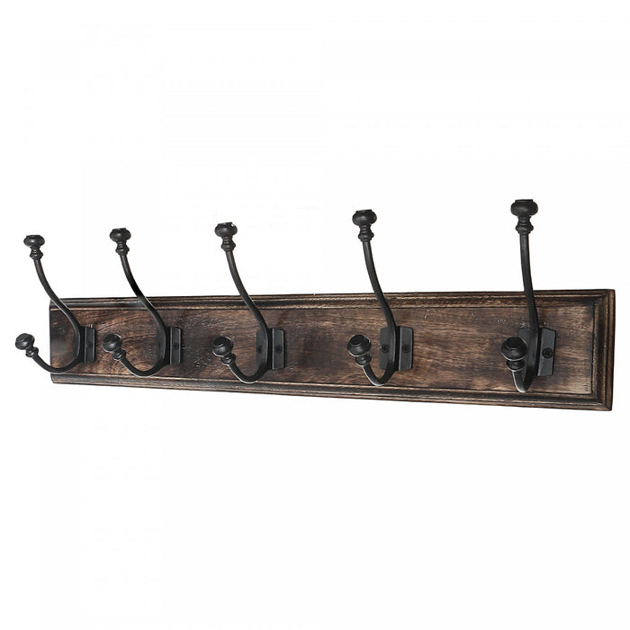 5 Gun Metal Iron Hooks on Wood Base