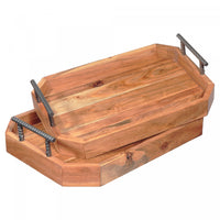 Octagon Wooden Tray with Straight Handles Set of 2
