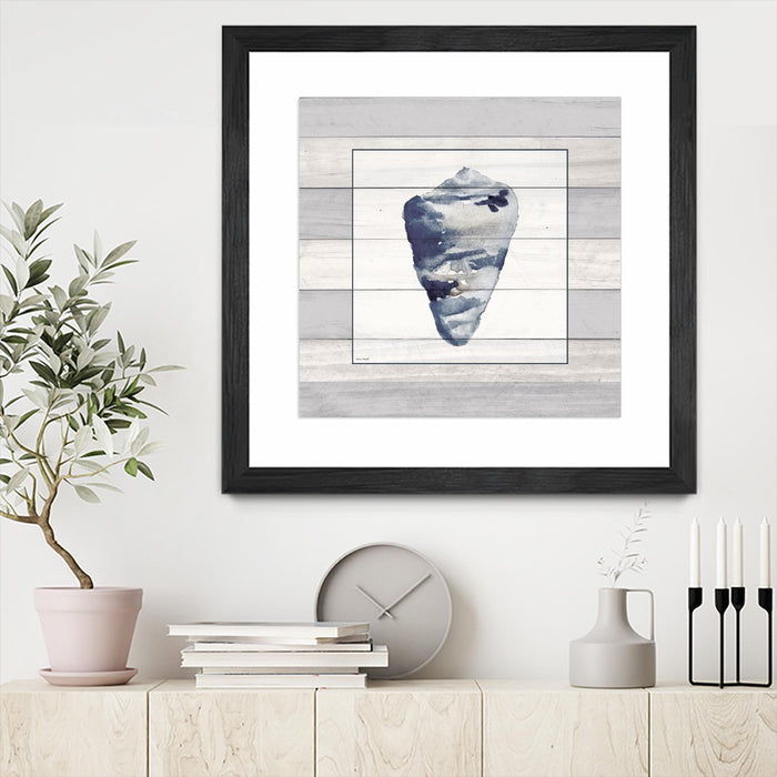 \"Muted Blue Shell On Wood\" Matted and Framed Black 30x30 Wall Art