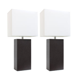 Elegant Designs 2 Pack Modern Leather Table Lamps with White Fabric Shades, Espresso Brown Lamp Set