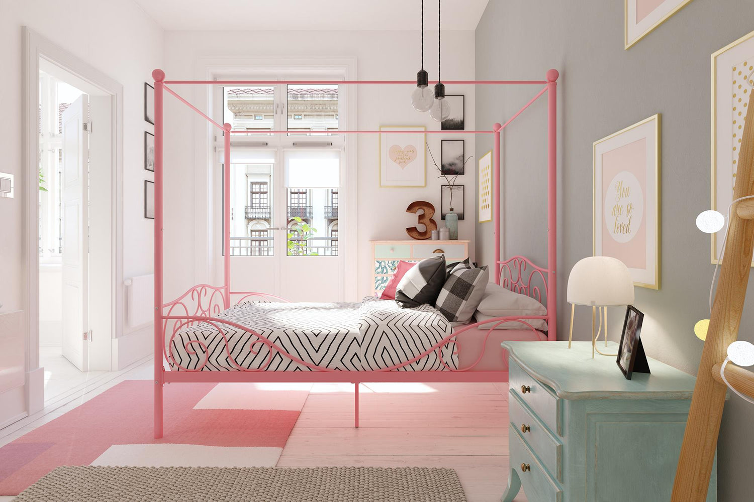 Atwater Living Whimsical Twin Metal Canopy Bed In Pink