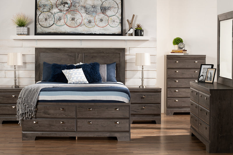 Yorkdale 12-Drawer Platform Bed with Headboard & Storage Frame, Made in Canada, Grey - Queen Size