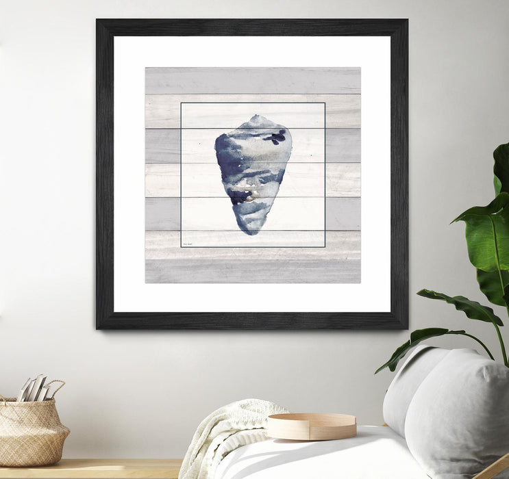 \"Muted Blue Shell On Wood\" Matted and Framed Black 36x36 Wall Art