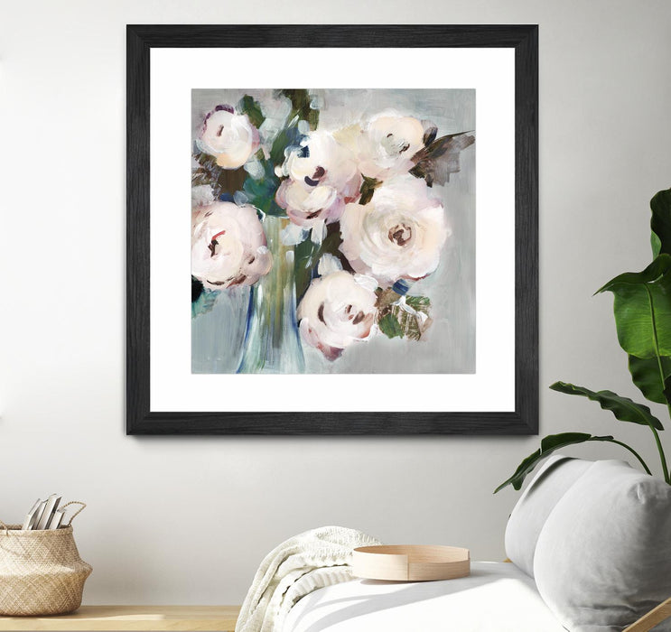 \"Pale Pink Bouquet I\" Matted and Framed Black 30x30 Wall Art