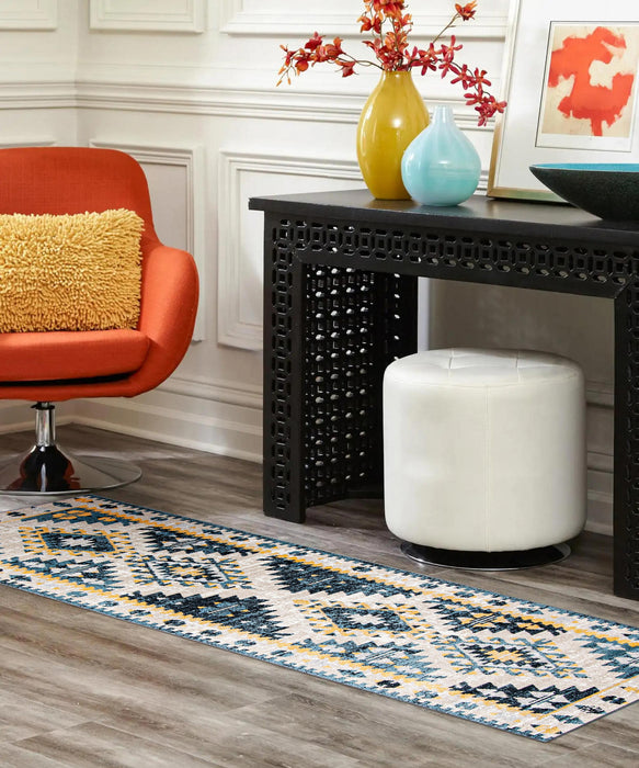 Mosaic Taupe/Blue Machine Washable Area Rug - 2'6\" x 8'0\"