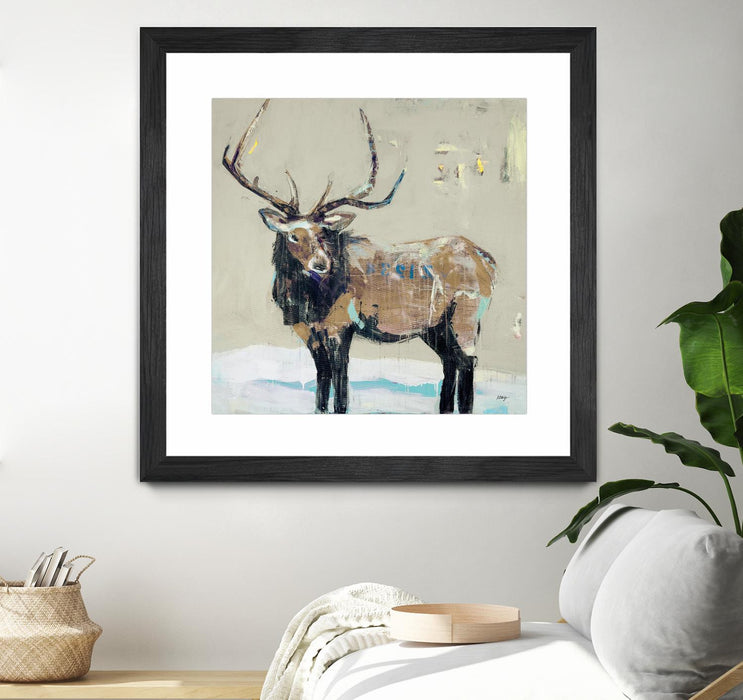 \"Winter Elk Neutral\" Matted and Framed Black 30x30 Wall Art