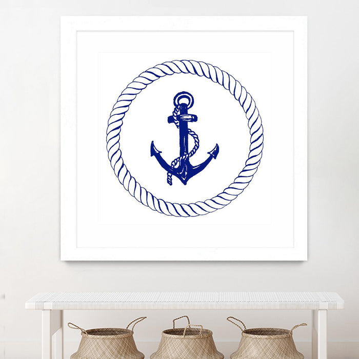 \"Blue Nautical Circle I\" Matted and Framed White 30x30 Wall Art