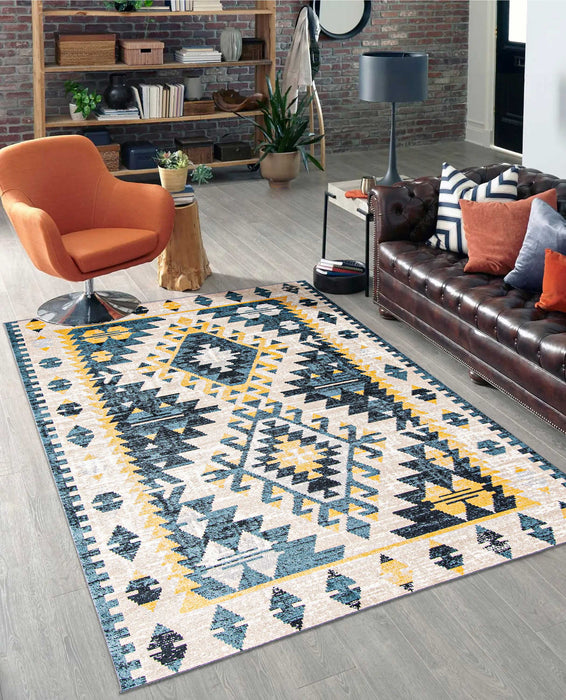 Mosaic Taupe/Blue Machine Washable Area Rug - 8'0\" x 10'0\"