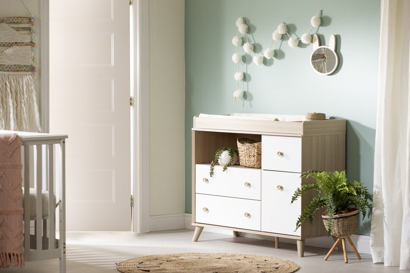 Yodi Wide Changing Table With Drawers - Soft Elm and White