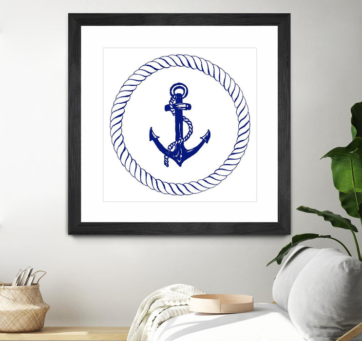 \"Blue Nautical Circle I\" Matted and Framed Black 36x36 Wall Art
