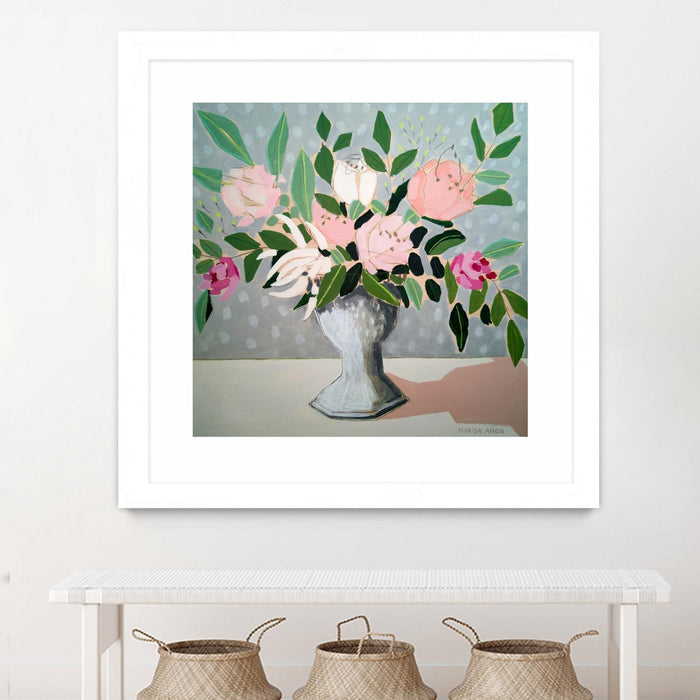 \"Spring Florals 1\" Matted and Framed White 36x36 Wall Art