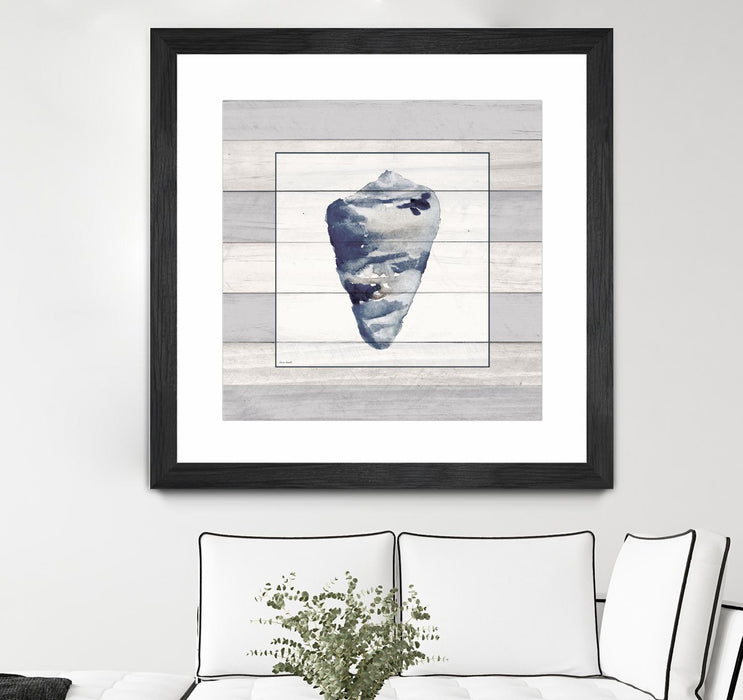 \"Muted Blue Shell On Wood\" Matted and Framed Black 36x36 Wall Art