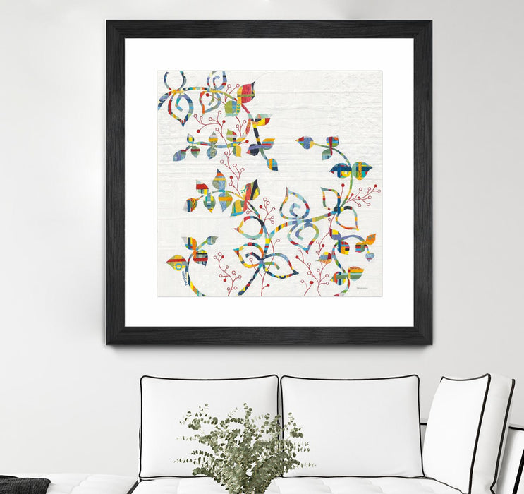 \"Rainbow Vines With Berries\" Matted and Framed Black 36x36 Wall Art