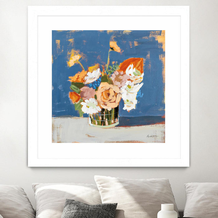 \"Peach And White Bouquet\" Matted and Framed White 36x36 Wall Art