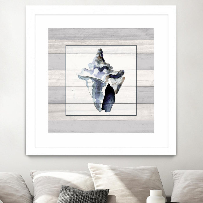 \"Muted Blue Sea Conch On Wood\" Matted and Framed White 30x30 Wall Art