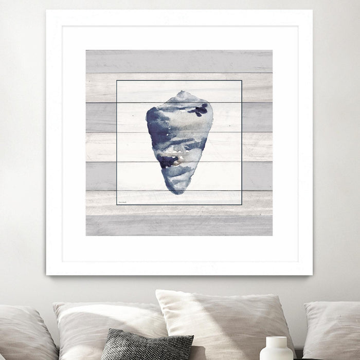 \"Muted Blue Shell On Wood\" Matted and Framed White 36x36 Wall Art