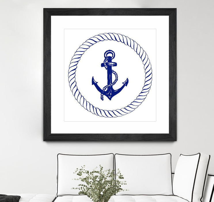 \"Blue Nautical Circle I\" Matted and Framed Black 30x30 Wall Art