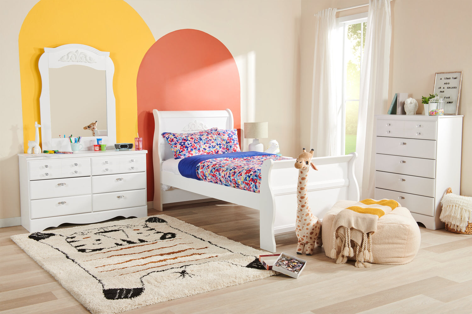Diamond Dreams Sleigh Bed 5pc Set with Dresser Mirror for Kids W. The Brick