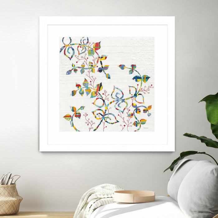 \"Rainbow Vines With Berries\" Matted and Framed White 30x30 Wall Art